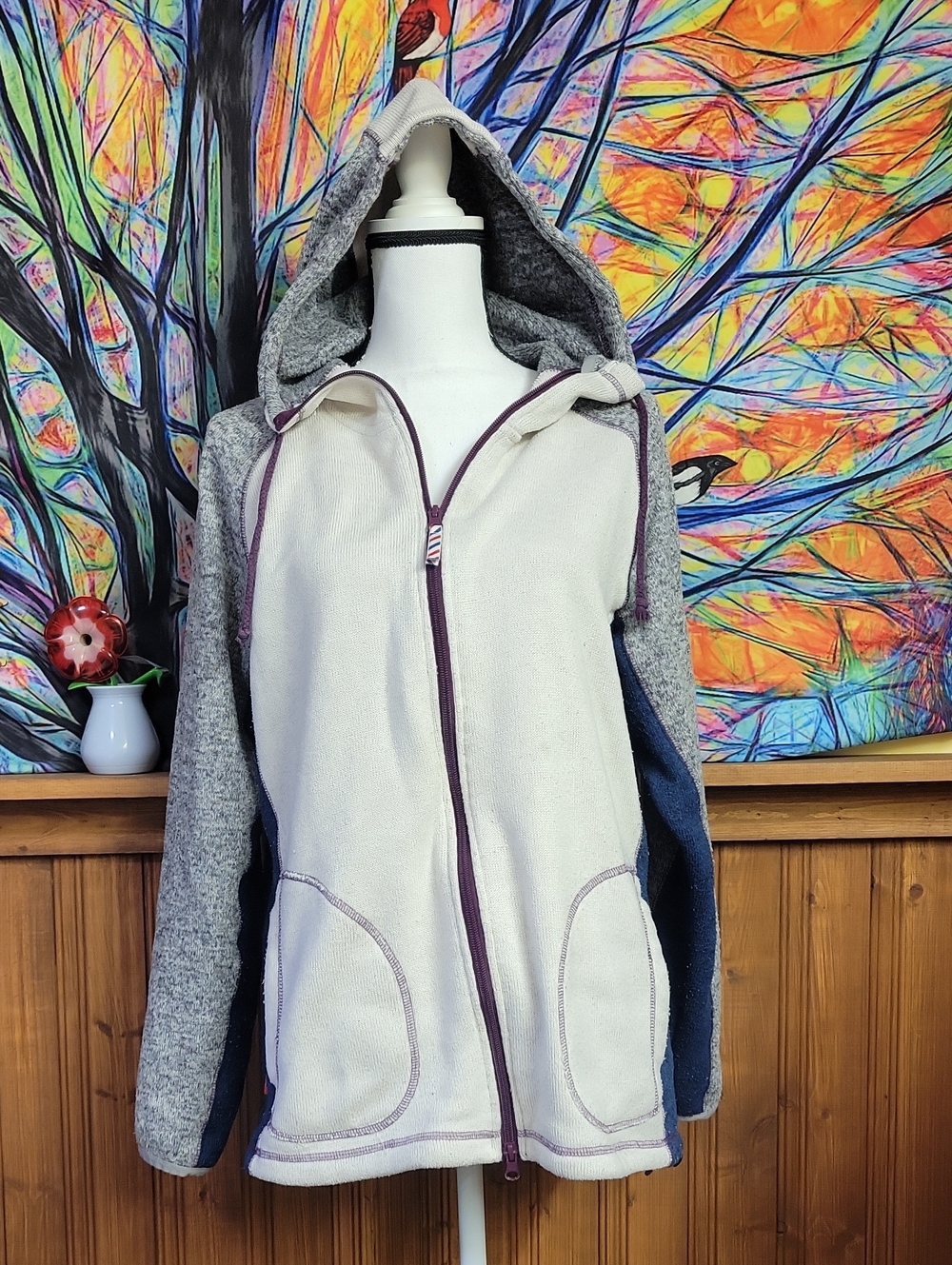 Cozy Neutral Zip-Up Hooded Jacket - Cream & Gray North Work Woman Xl